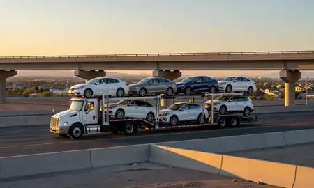Car transporter with the Herriman, Utah, United States skyline behind it