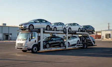 Car transporter loaded with vehicles in Kearns, Utah, United States