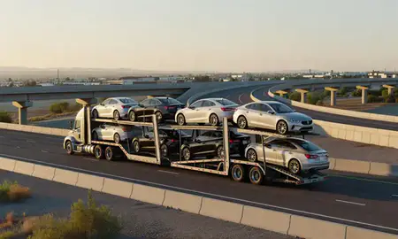 Car transporter with the Kearns, Utah, United States skyline behind it