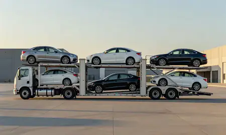 Car transporter parked in an industrial area of Layton, Utah, United States