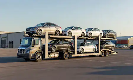 Car transporter loaded with vehicles in Layton, Utah, United States