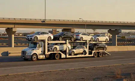 Car transporter with the Layton, Utah, United States skyline behind it