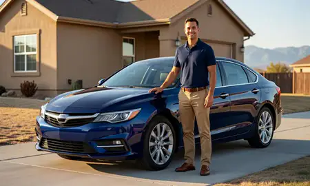 Customer with their delivered car in Lehi, Utah, United States