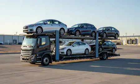Car transporter loaded with vehicles in Lehi, Utah, United States