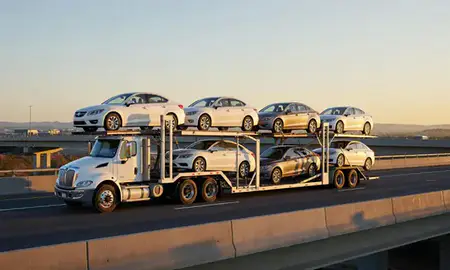 Car transporter with the Lehi, Utah, United States skyline behind it