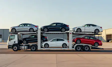 Car transporter parked in an industrial area of Logan, Utah, United States