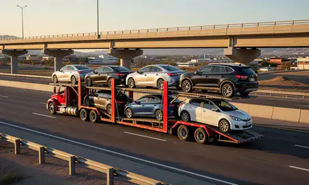 Car transporter with the Logan, Utah, United States skyline behind it