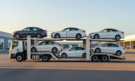 Car transporter parked in an industrial area of Midvale, Utah, United States