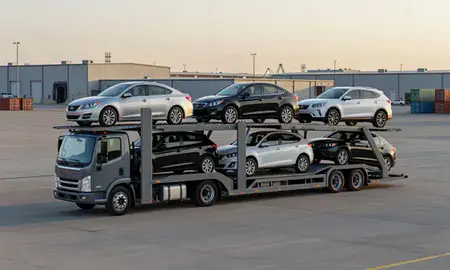 Car transporter loaded with vehicles in Midvale, Utah, United States