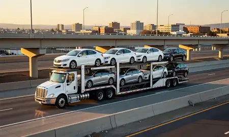 Car transporter with the Midvale, Utah, United States skyline behind it