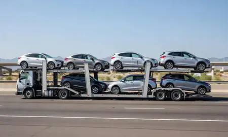 Multi-level car carrier on the highway to Murray, Utah, United States