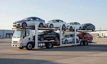 Car transporter loaded with vehicles in Murray, Utah, United States
