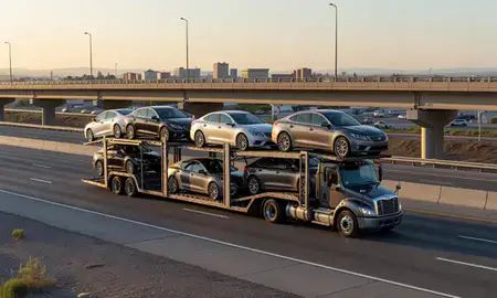 Car transporter with the Murray, Utah, United States skyline behind it