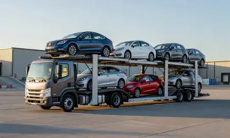 Car transporter loaded with vehicles in Ogden, Utah, United States