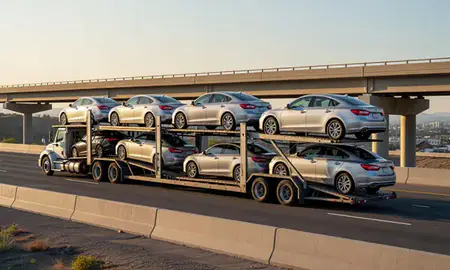 Car transporter with the Ogden, Utah, United States skyline behind it