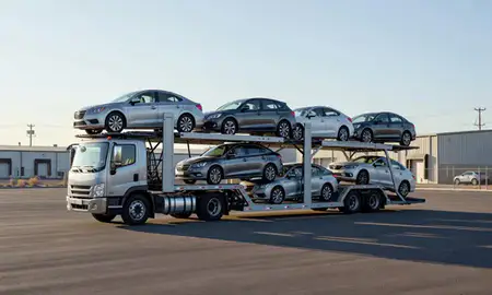 Car transporter loaded with vehicles in Orem, Utah, United States