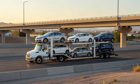 Car transporter with the Orem, Utah, United States skyline behind it