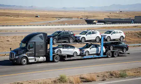 Multi-level car carrier on the highway to Pleasant Grove, Utah, United States
