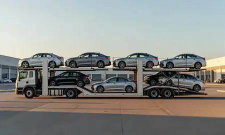 Car transporter parked in an industrial area of Pleasant Grove, Utah, United States