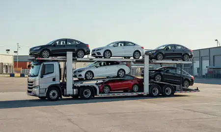 Car transporter loaded with vehicles in Pleasant Grove, Utah, United States