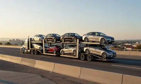 Car transporter with the Pleasant Grove, Utah, United States skyline behind it