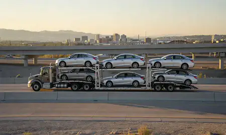 Car transporter with the Provo, Utah, United States skyline behind it