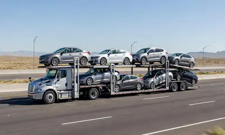 Multi-level car carrier on the highway to Riverton, Utah, United States