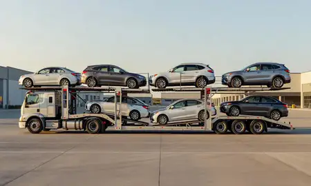 Car transporter parked in an industrial area of Riverton, Utah, United States