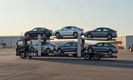 Car transporter loaded with vehicles in Riverton, Utah, United States
