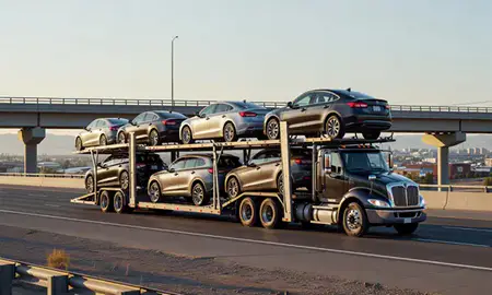 Car transporter with the Riverton, Utah, United States skyline behind it