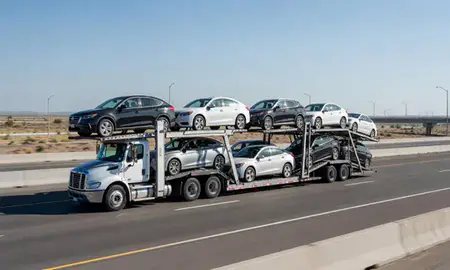 Multi-level car carrier on the highway to Roy, Utah, United States