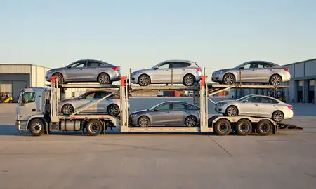 Car transporter parked in an industrial area of Roy, Utah, United States