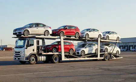 Car transporter loaded with vehicles in Roy, Utah, United States