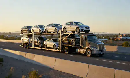 Car transporter with the Roy, Utah, United States skyline behind it