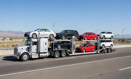 Multi-level car carrier on the highway to Salt Lake City, Utah, United States