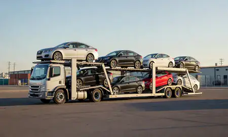 Car transporter loaded with vehicles in Salt Lake City, Utah, United States
