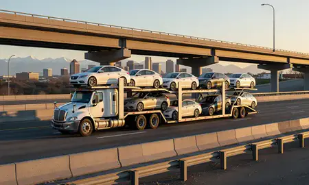 Car transporter with the Salt Lake City, Utah, United States skyline behind it