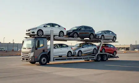 Car transporter loaded with vehicles in Sandy, Utah, United States
