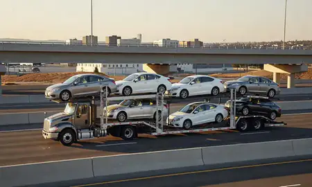 Car transporter with the Sandy, Utah, United States skyline behind it