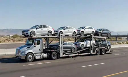 Multi-level car carrier on the highway to Saratoga Springs, Utah, United States