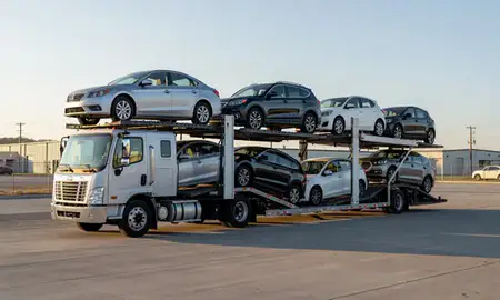 Car transporter loaded with vehicles in Saratoga Springs, Utah, United States