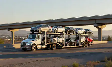 Car transporter with the Saratoga Springs, Utah, United States skyline behind it