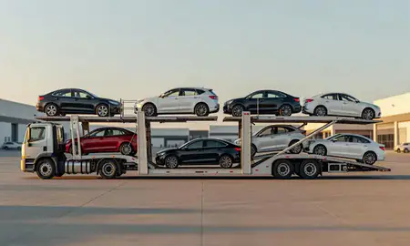 Car transporter parked in an industrial area of South Jordan, Utah, United States