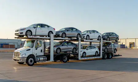 Car transporter loaded with vehicles in South Jordan, Utah, United States