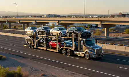 Car transporter with the South Jordan, Utah, United States skyline behind it