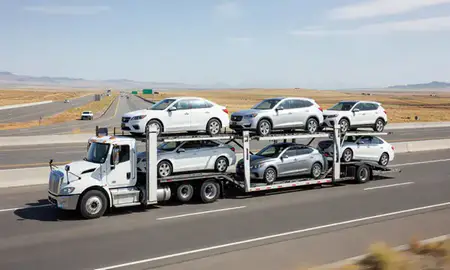 Multi-level car carrier on the highway to Spanish Fork, Utah, United States
