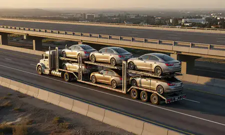 Car transporter with the Spanish Fork, Utah, United States skyline behind it
