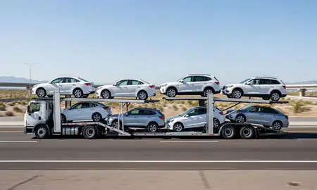 Multi-level car carrier on the highway to Springville, Utah, United States