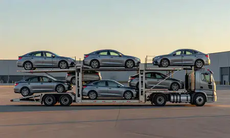 Car transporter parked in an industrial area of Springville, Utah, United States