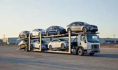 Car transporter loaded with vehicles in Springville, Utah, United States